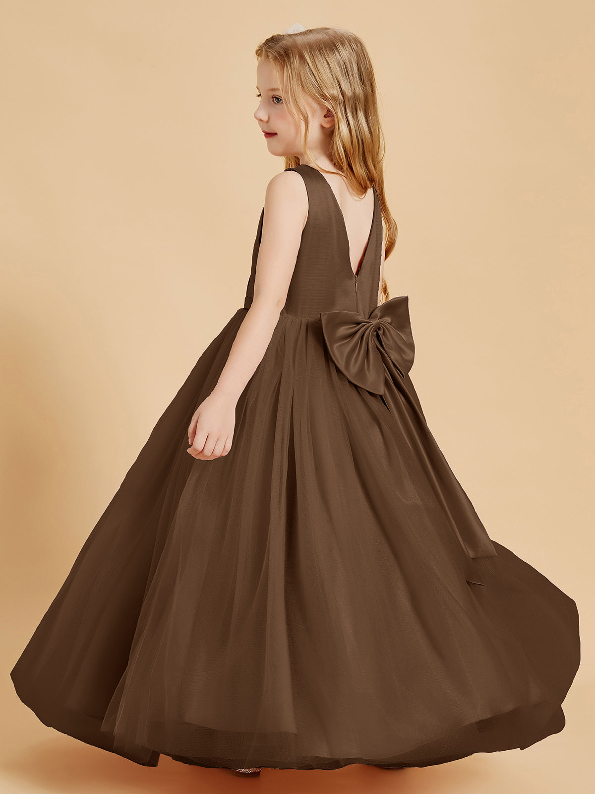 Tulle Junior Bridesmaid Dresses Satin Top Brown